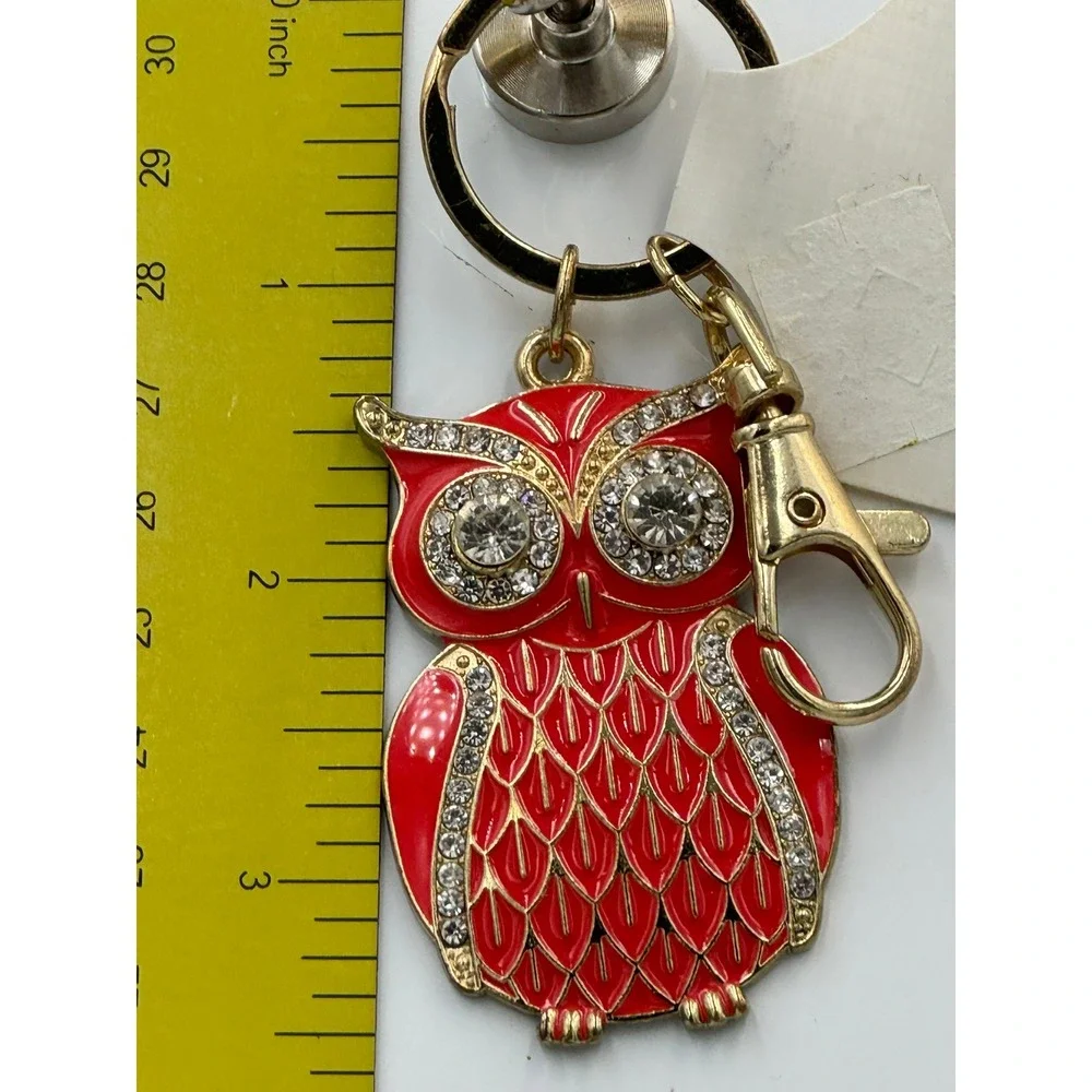 Orange Red Enamel Owl Keychain Gold Tone Rhinestone Eye‎ Bag Charm